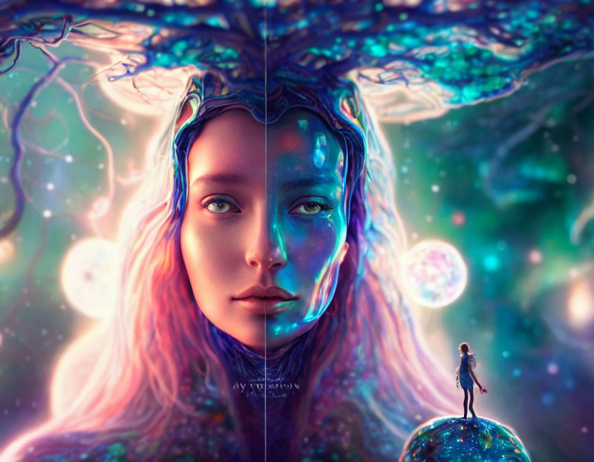 Colorful cosmic woman in mystical digital art