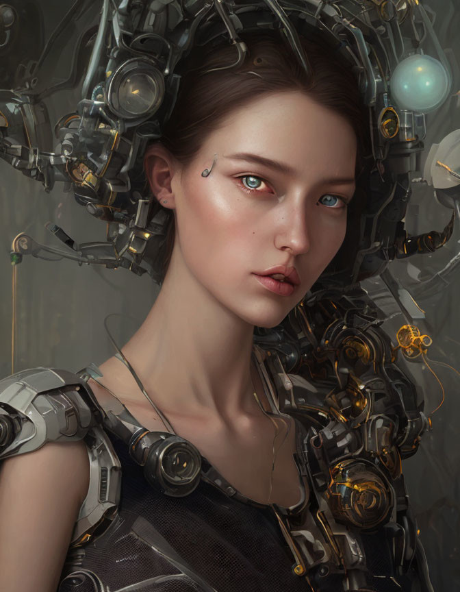 Cybernetic young woman with headset and luminous orb in futuristic setting.