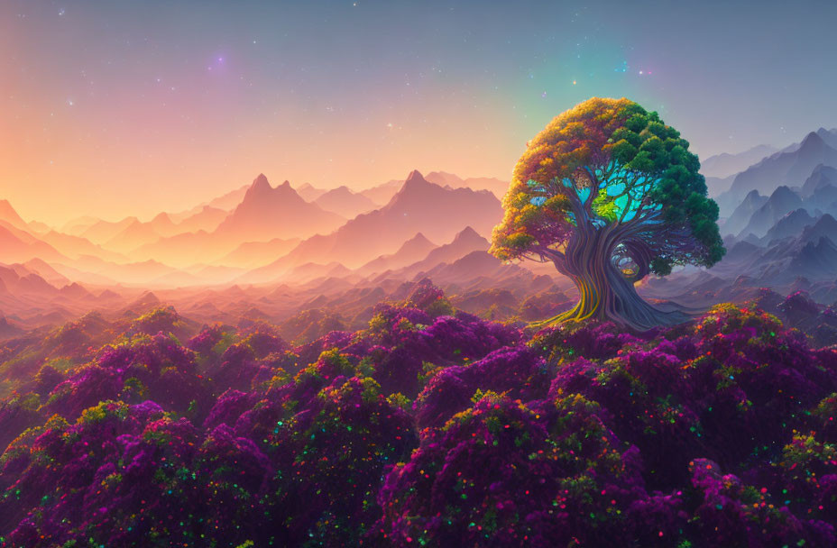 Colorful fantasy landscape with solitary tree, purple flora, misty mountains, starry sky