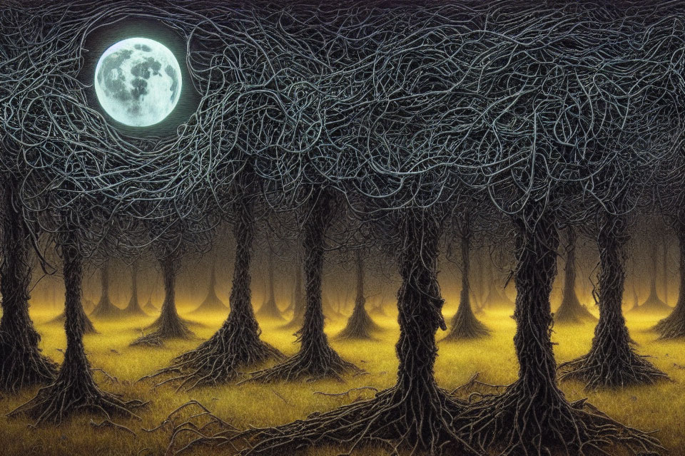 Eerie full moon scene in dark twisted forest