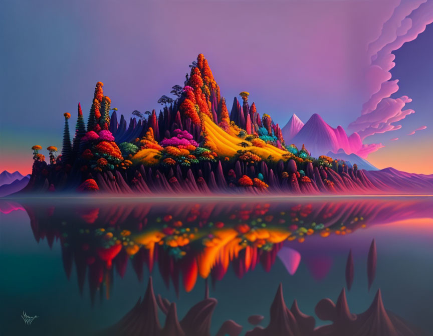 Colorful fantasy landscape with mirrored lake, multicolored vegetation, mountainous island, purple sky