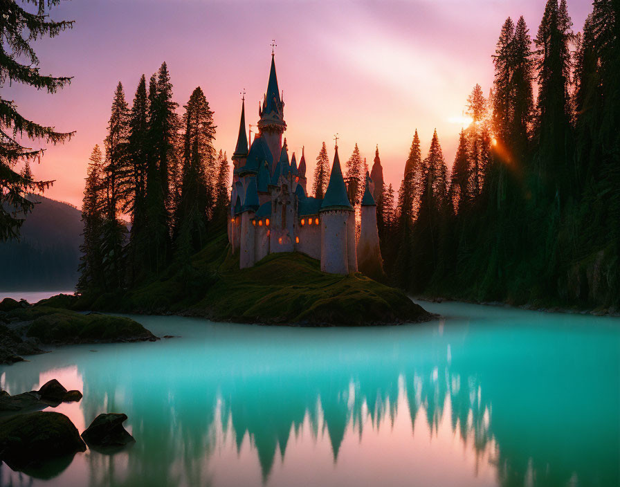 Serene forest castle by turquoise lake at sunset