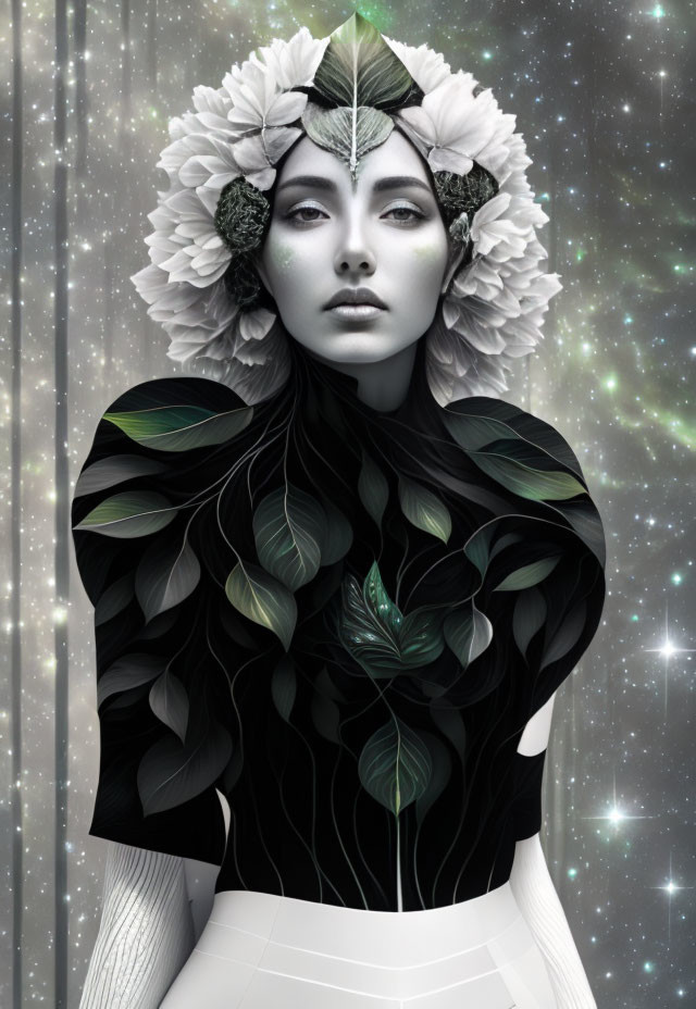 Monochromatic portrait of woman with white flowers and leaf patterns against starry backdrop