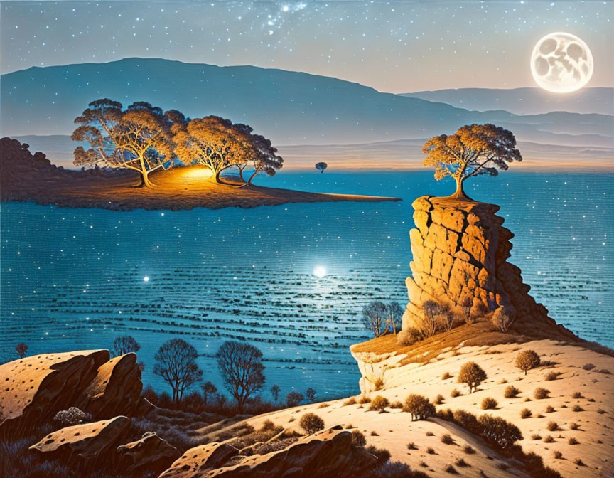 Nighttime surreal landscape with illuminated trees, full moon, starry sky, glowing water.