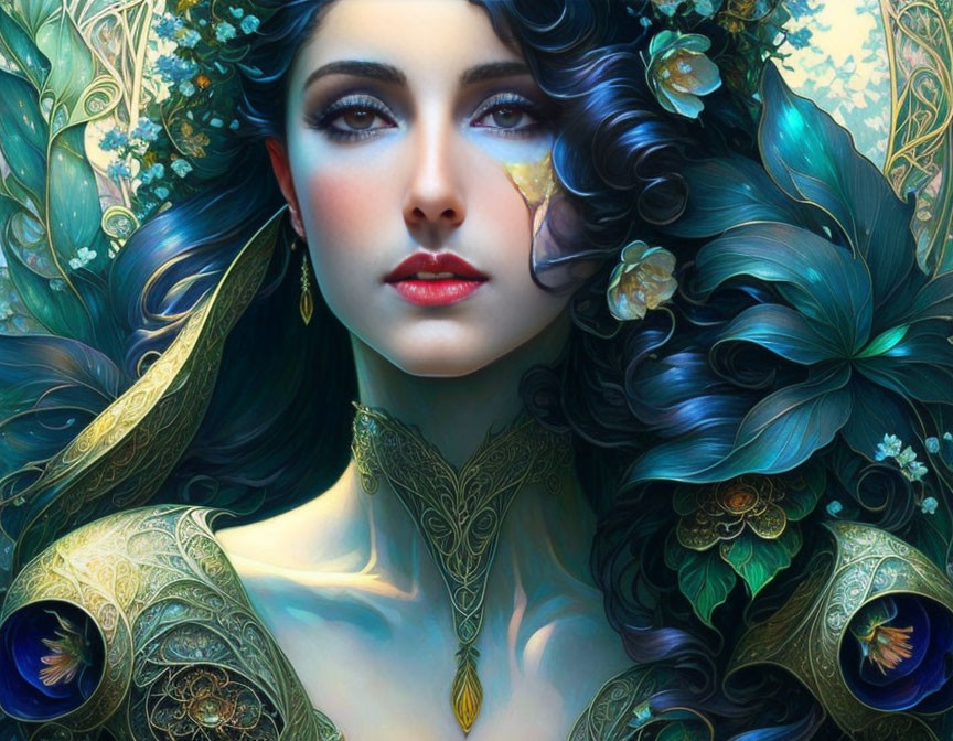 Detailed illustration: Woman with dark flowing hair, blue accents, gold jewelry, and floral motifs