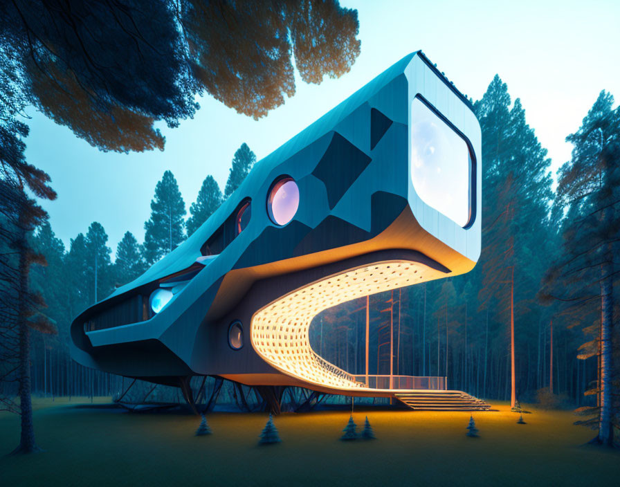 Geometric futuristic house in forest at dusk with warm light.