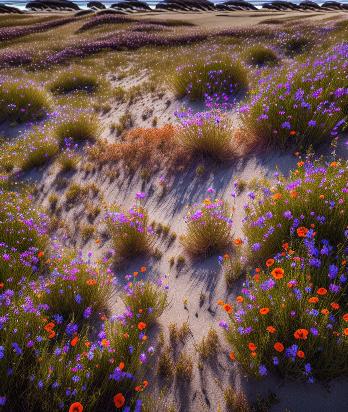 Colorful Wildflowers and Shrubs on Sandy Dunes under Sunny Sky