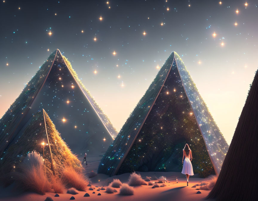 Woman standing by star-filled pyramids at twilight with dunes and starry sky