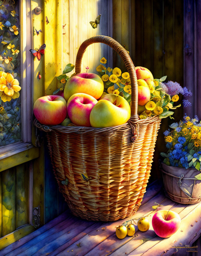 Colorful still life with apples, flowers, and butterfly in sunlight