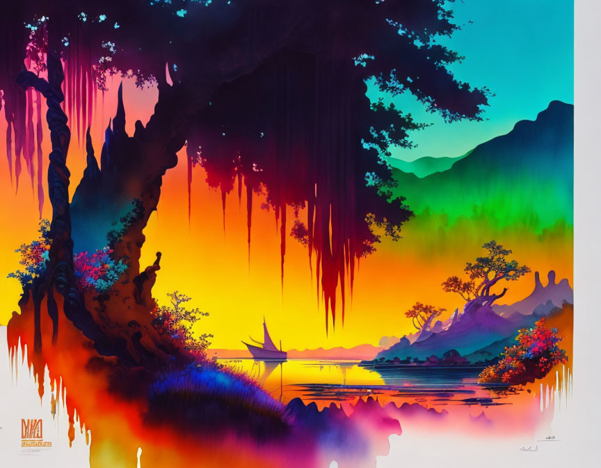 Colorful surreal landscape artwork: sunset, boat, trees, vivid sky