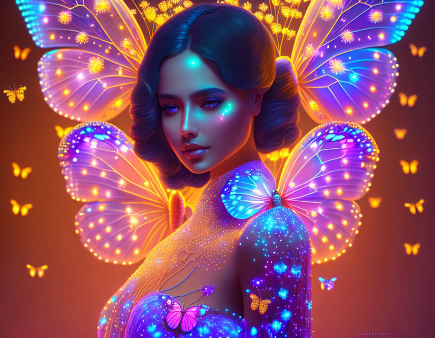 Woman with Blue and Orange Luminous Butterfly Wings Artwork