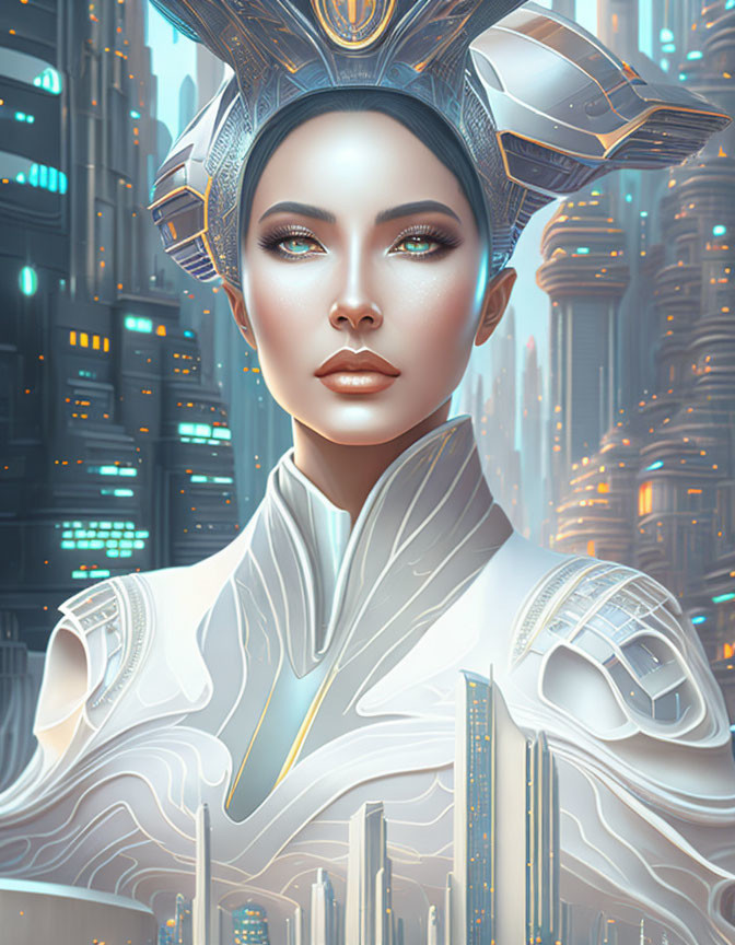 Futuristic female figure with cybernetic headgear in sci-fi cityscape