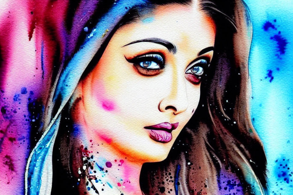 Colorful Watercolor Portrait of Woman with Striking Eyes