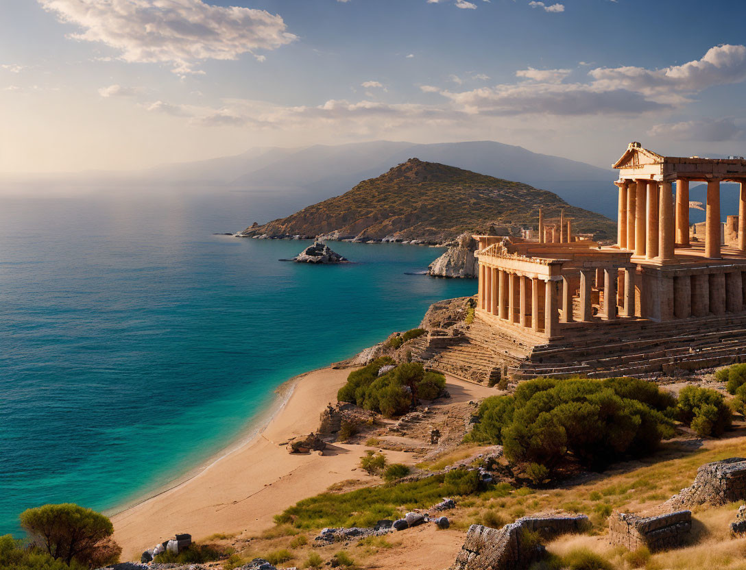 Ancient temple by serene beach with turquoise waters, rugged coastline, and mountain backdrop.