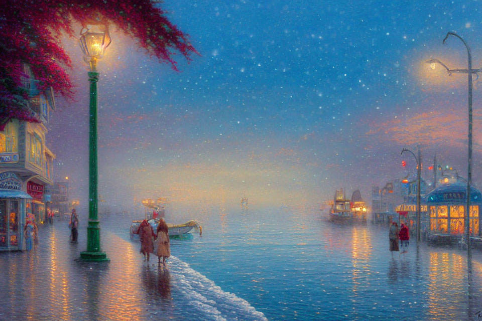 Snowy evening cityscape with illuminated street lamps and colorful lights reflected on water.