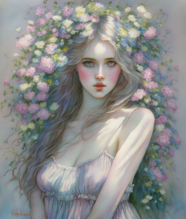 Woman portrait with floral crown and pastel blooms, flowing hair, and blue eyes