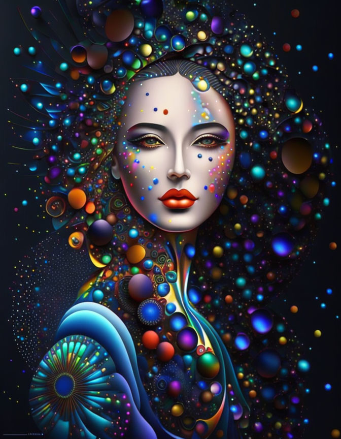 Colorful digital artwork of woman's face with multicolored sphere hair in cosmic surreal theme