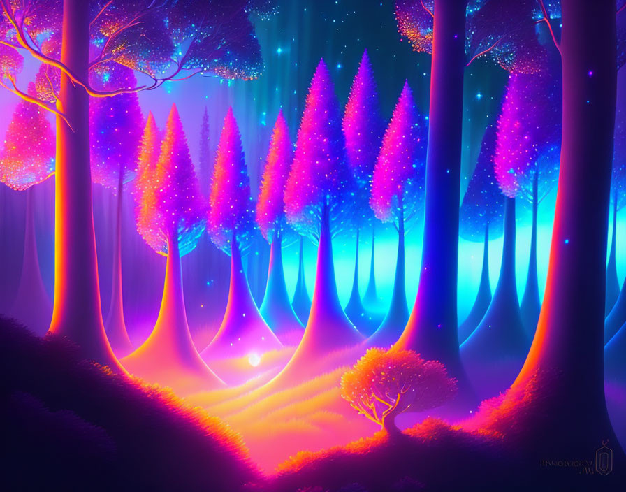 Neon-lit forest with pink and purple glowing trees