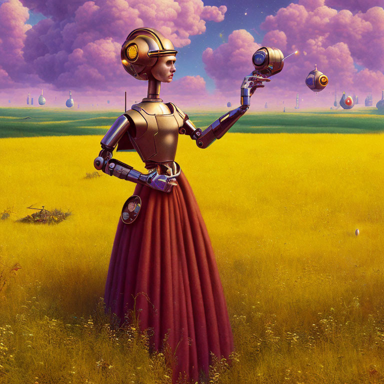 Steampunk-inspired female robot in Victorian dress interacts with floating orbs in golden field.