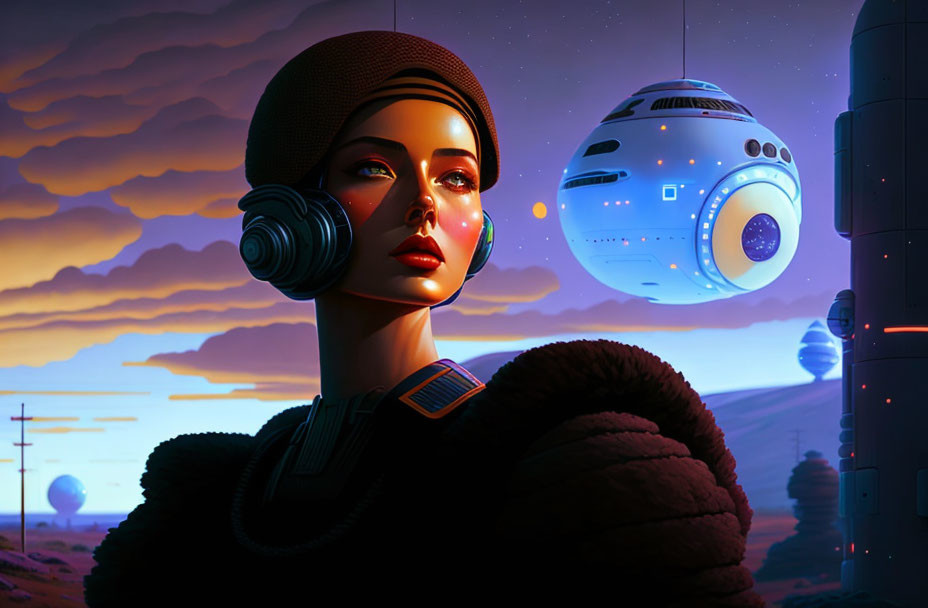 Futuristic woman with headphones and robot in sci-fi sunset landscape