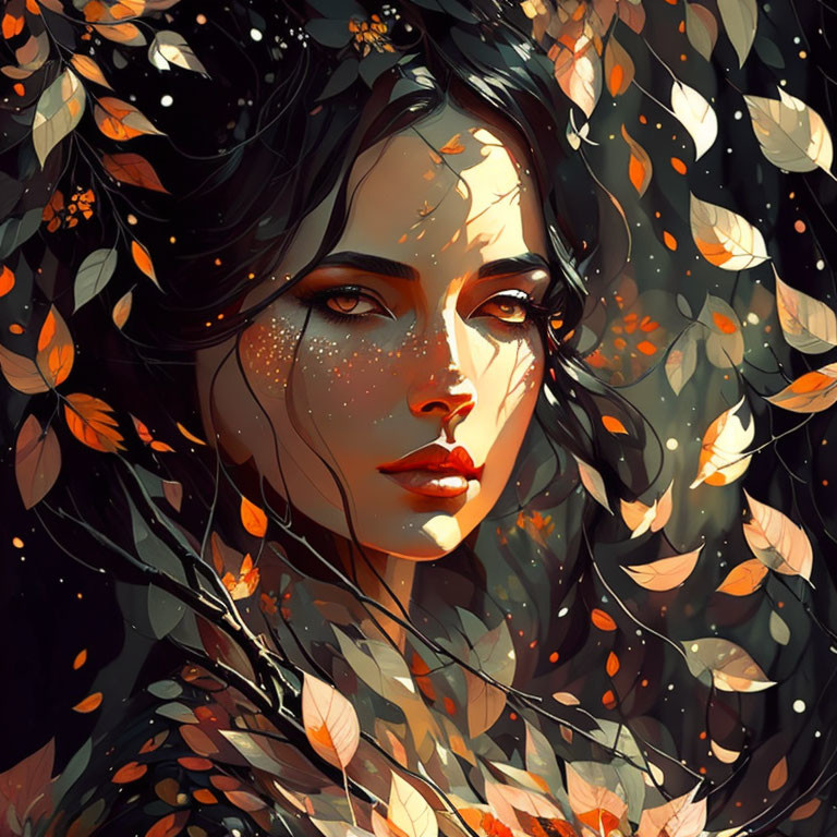 Illustrated female figure in autumn scene with dark hair and swirling leaves