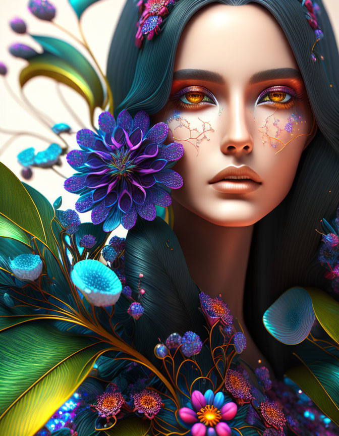 Detailed Digital Artwork: Woman with Blue Hair & Floral Motifs