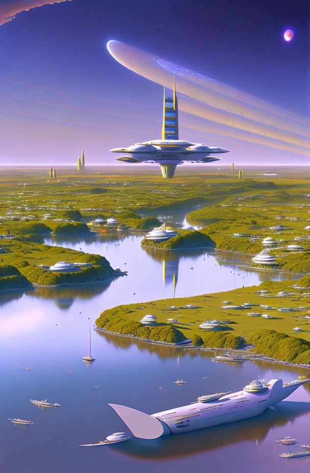 Futuristic cityscape with floating architecture and spaceships on serene waterways