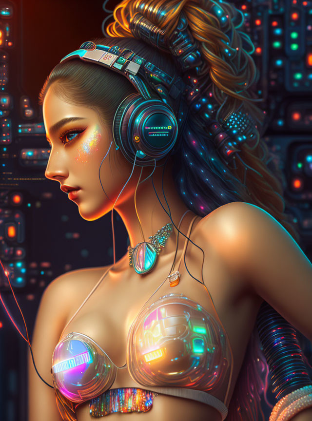 Futuristic female android with cybernetic enhancements and neon accents on circuitry backdrop