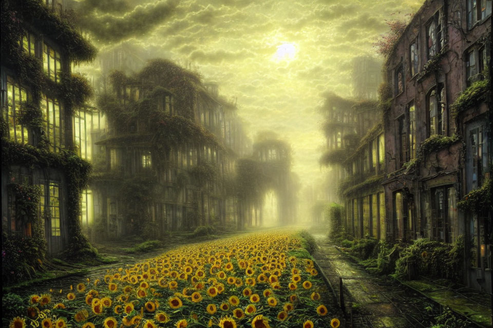 Overgrown street with dilapidated buildings and sunflower carpet