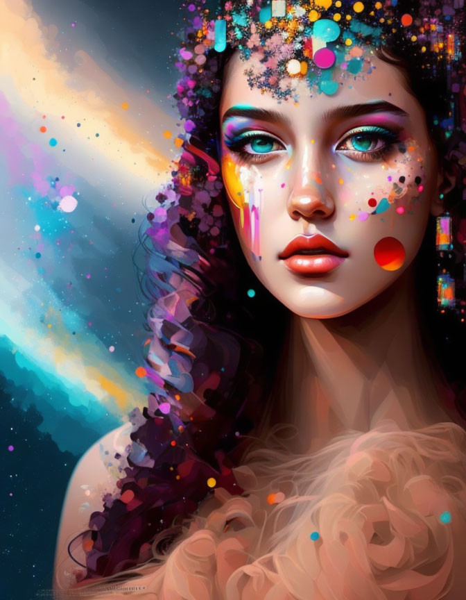 Vibrant digital artwork: Woman with paint splashes and dots, dreamy background