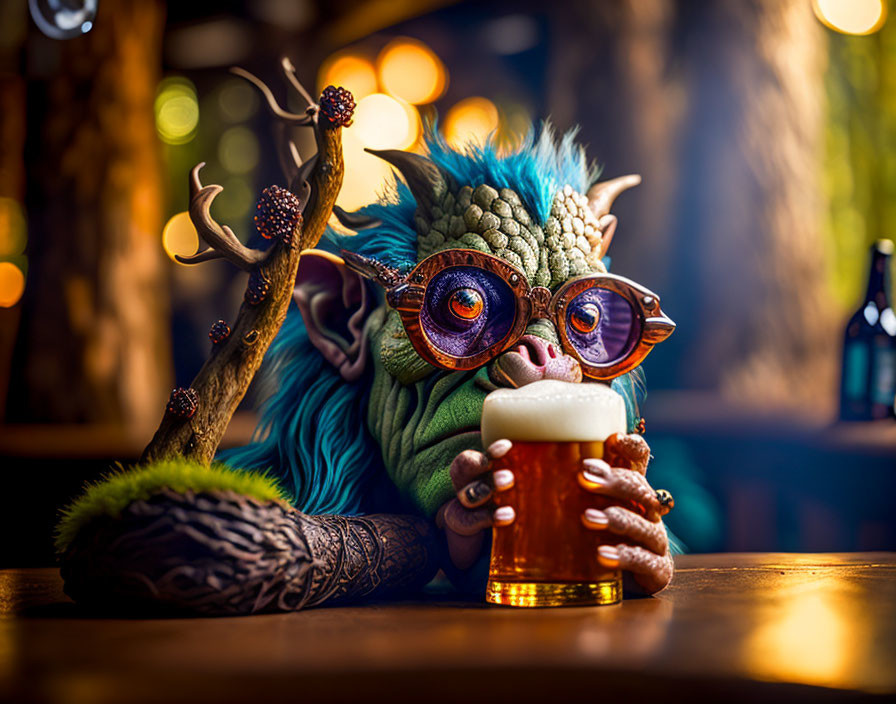 Whimsical creature with glasses sipping beer at bar