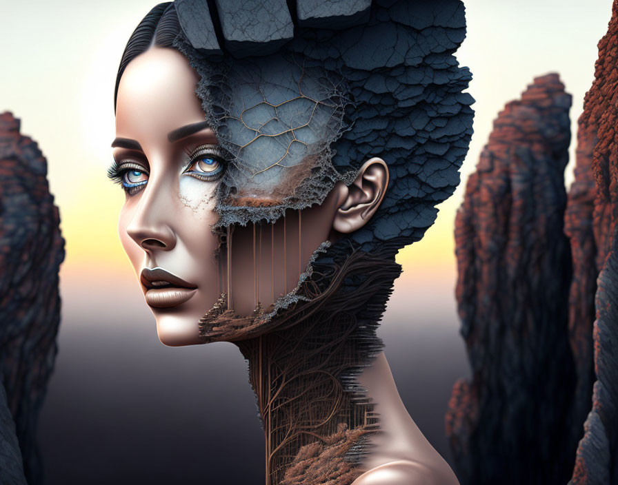 Female Figure with Stone-Like Textures in Surreal Digital Art