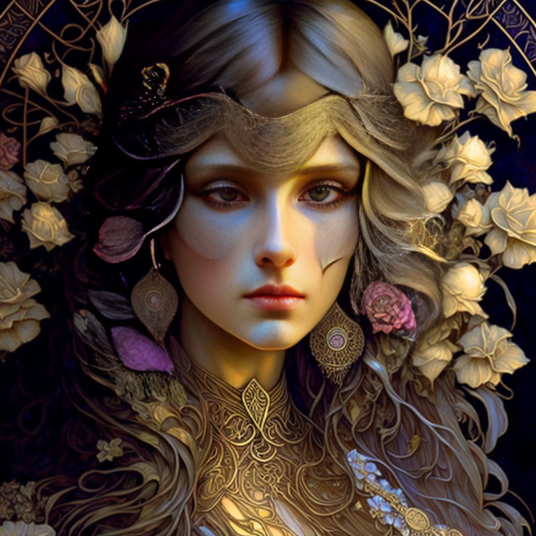 Woman with Golden Floral Adornments and Mystical Expression