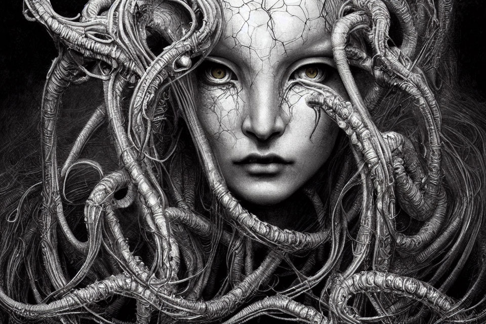 Monochromatic surreal female figure with serpentine hair and yellow eyes