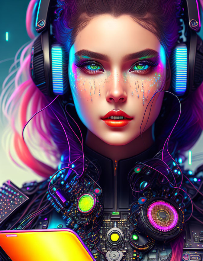 Colorful Female DJ Artwork with Futuristic Music Equipment