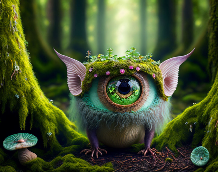 Fantastical creature with eye body, elfin ears, moss-covered head in enchanted forest.