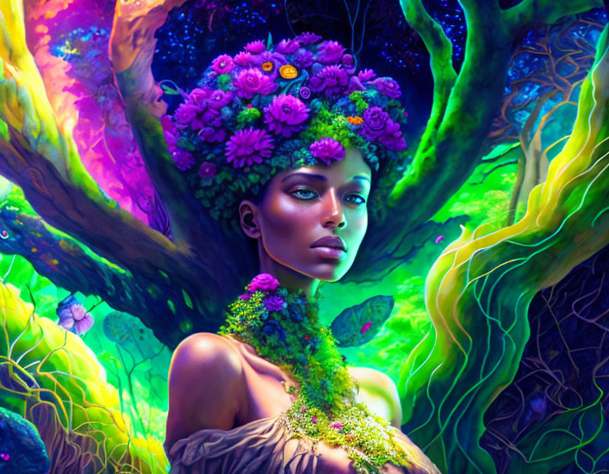 Woman adorned with vibrant floral headdress in enchanted forest setting