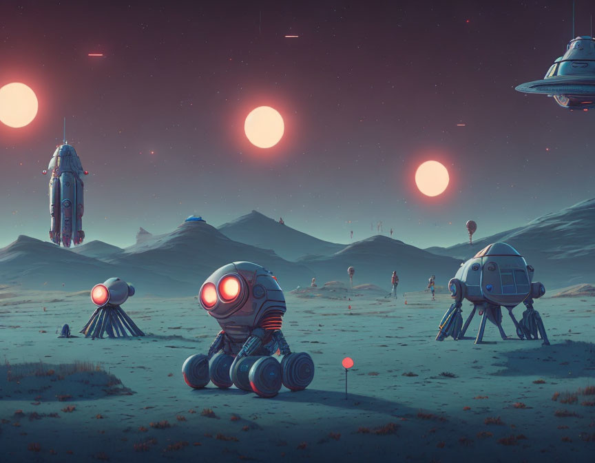 Robots in desert landscape with red suns and spaceships