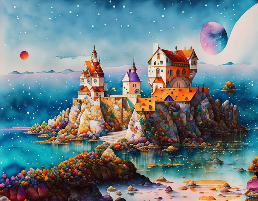 Whimsical castle on cliff by sea with colorful flora