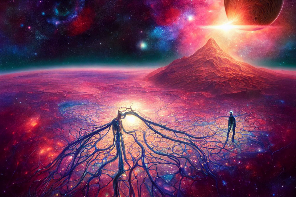 Surreal cosmic landscape with glowing volcano and figures on purple terrain