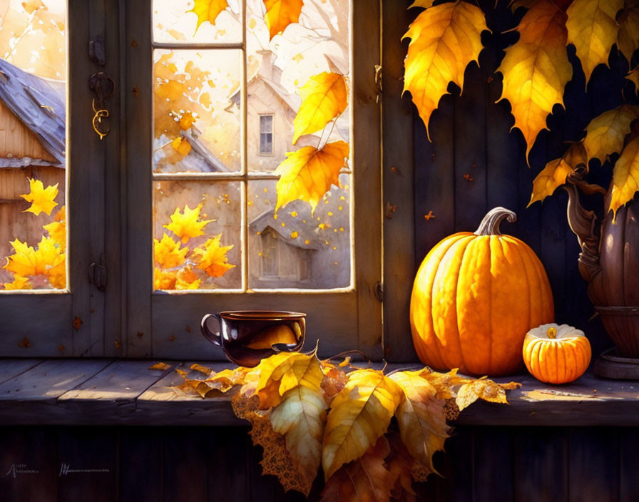 Autumn-themed window view with pumpkins, coffee, and fallen leaves