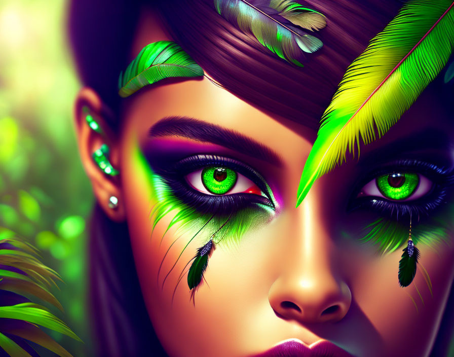 Digital artwork: Woman with green eyes, feathers, vibrant green and purple makeup.