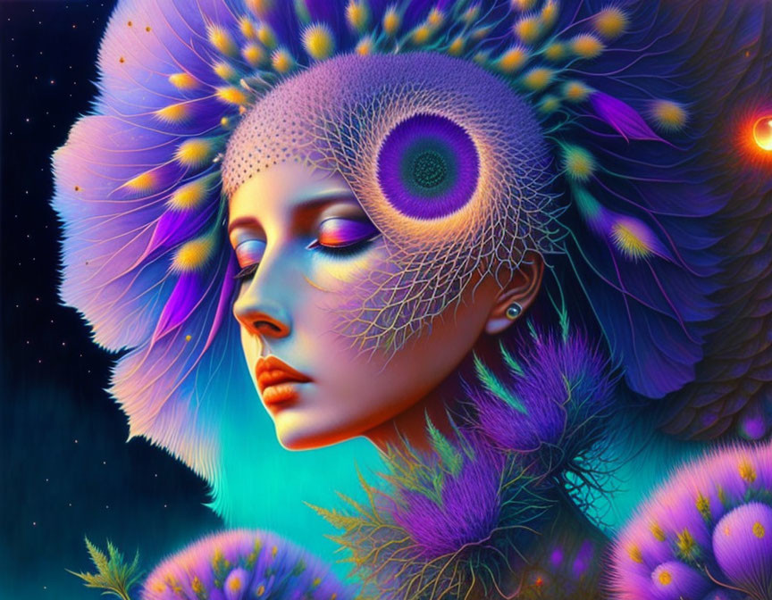 Digital Artwork: Serene Face with Peacock-Inspired Headdress on Cosmic Background