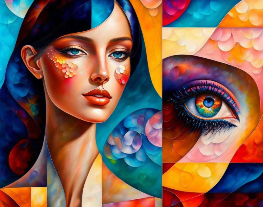 Vibrant abstract painting of a woman's face with detailed eye