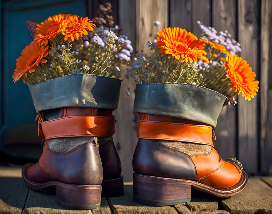 Leather boots repurposed as planters with orange flowers and greenery on wooden background