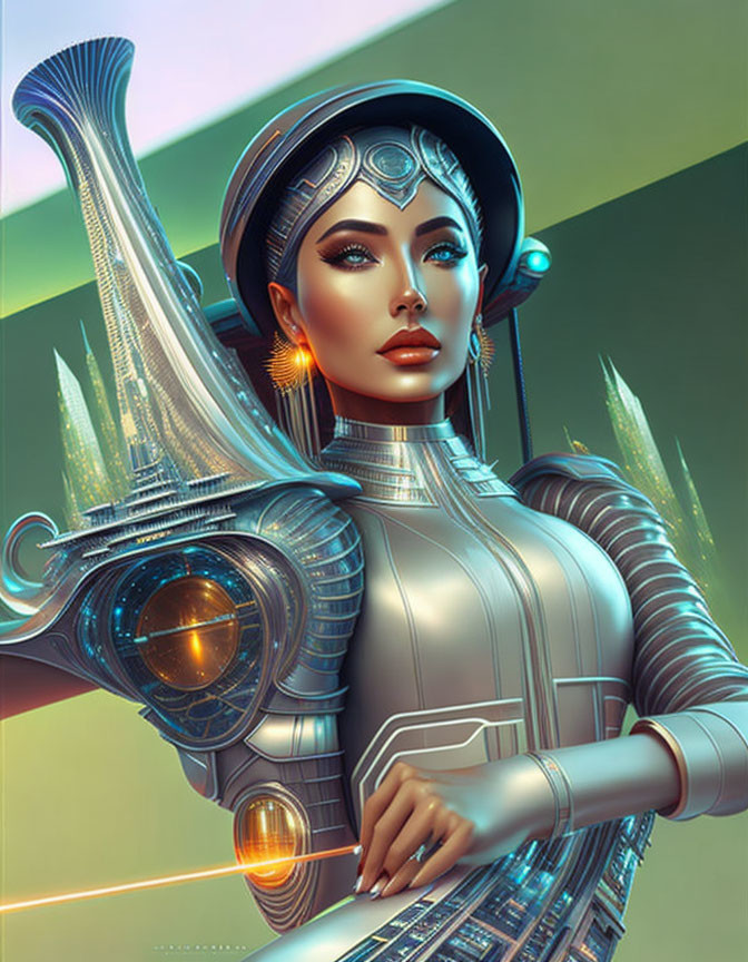 Futuristic female figure with cybernetic enhancements in sleek armor against colorful background