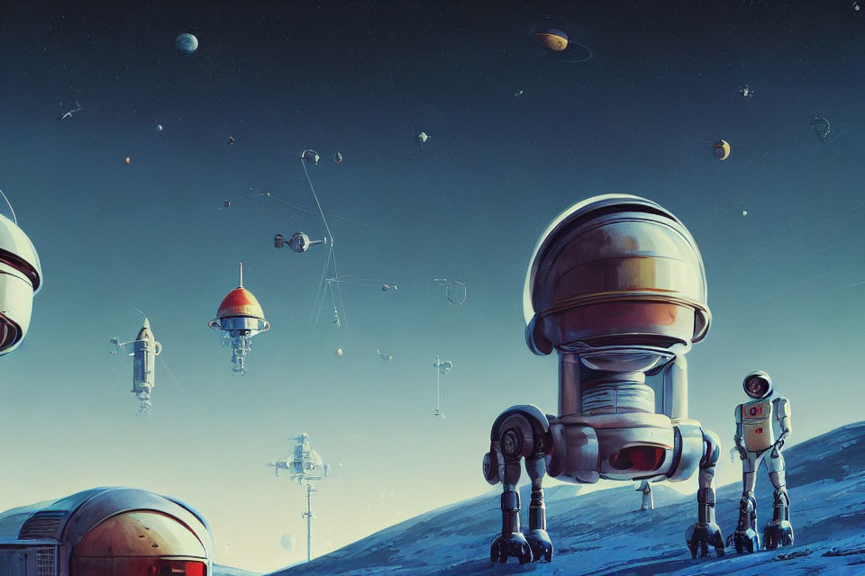 Sci-fi scene with robots, spacecraft, and starry sky on distant planet