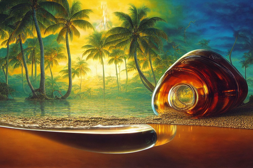 Oversized brown bottle on sandy beach with palm trees and sunset