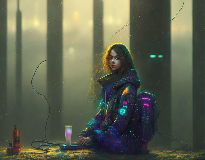 Neon-lit backpack person at table in futuristic cityscape