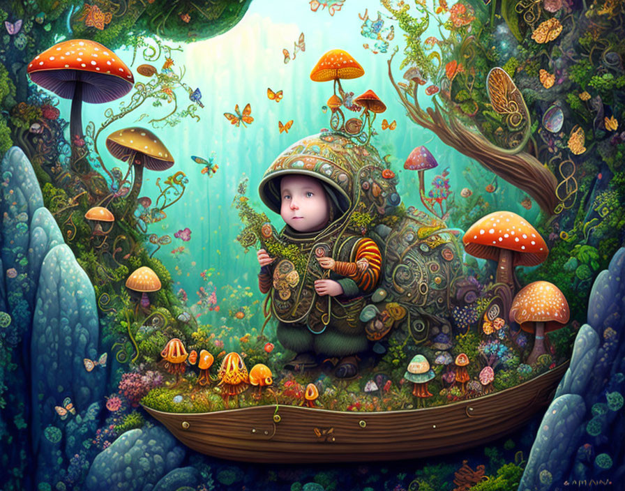 Child in Snail Costume in Wooden Boat Surrounded by Colorful Mushrooms and Greenery